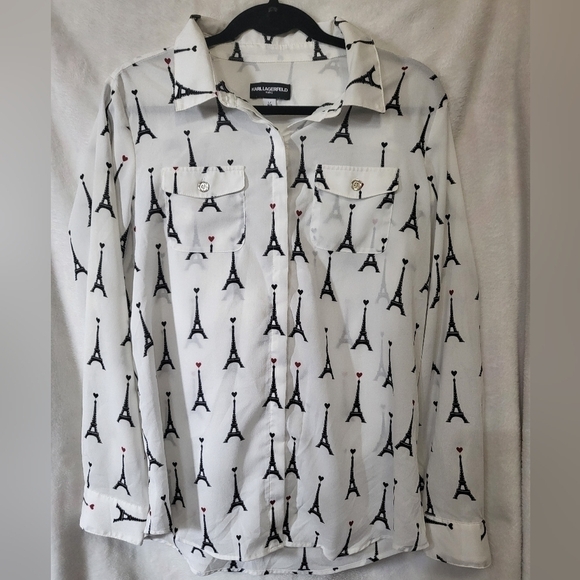 Karl Lagerfeld Long Sleeve Paris and Heart Button-up Top Size Large NWOT - Picture 2 of 6